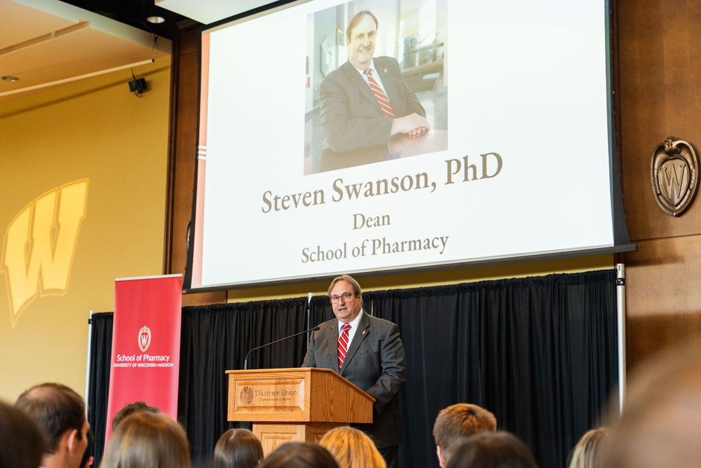 Photo by Paulius Musteikis Steve Swanson, dean of the School of Pharmacy, speaks at the podium