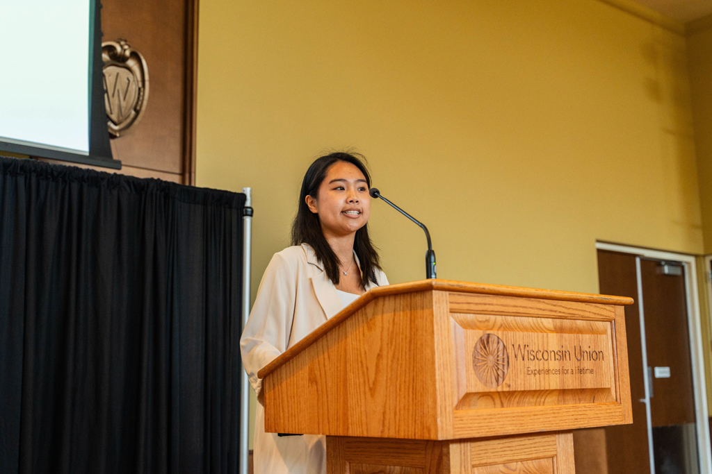 Photo by Paulius Musteikis A female student speaks at a podium