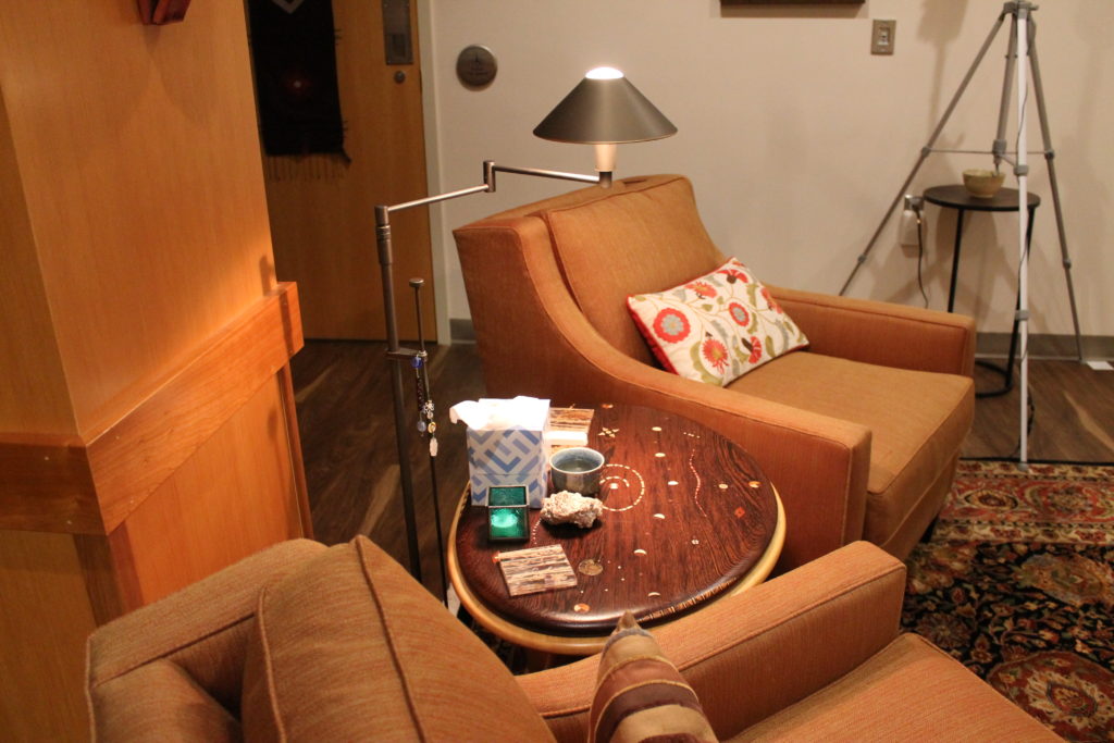 2018-Hutson_Clinical-Therapy-Room-41 Two chairs surround an endtable in the Clinical Research Facility.