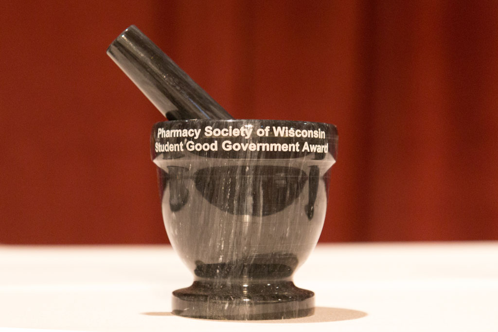 20180208-IMG_3437 Photograph of Pharmacy Society of Wisconsin's Student Good Government Award, resembling a mortar and pestle