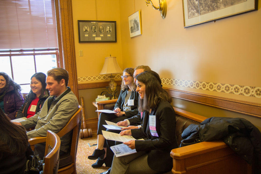 20180208-IMG_3673 Group of students sitting around office and listening to legislator speak