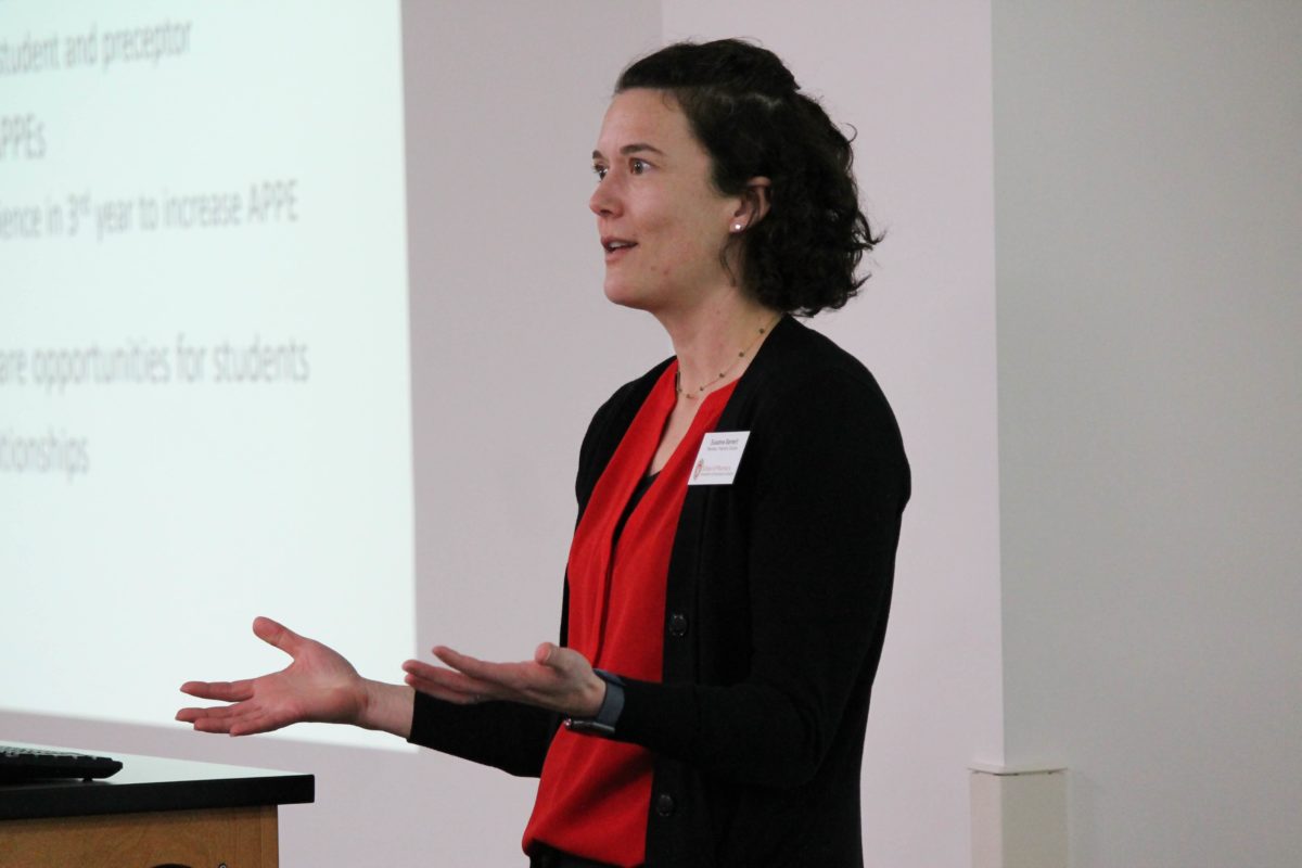 2020-Annual-Clinical-Instructors-Mtg-10 Susie Barnett speaking at front of the room during the 2020 Annual Clinical Instructors Meeting
