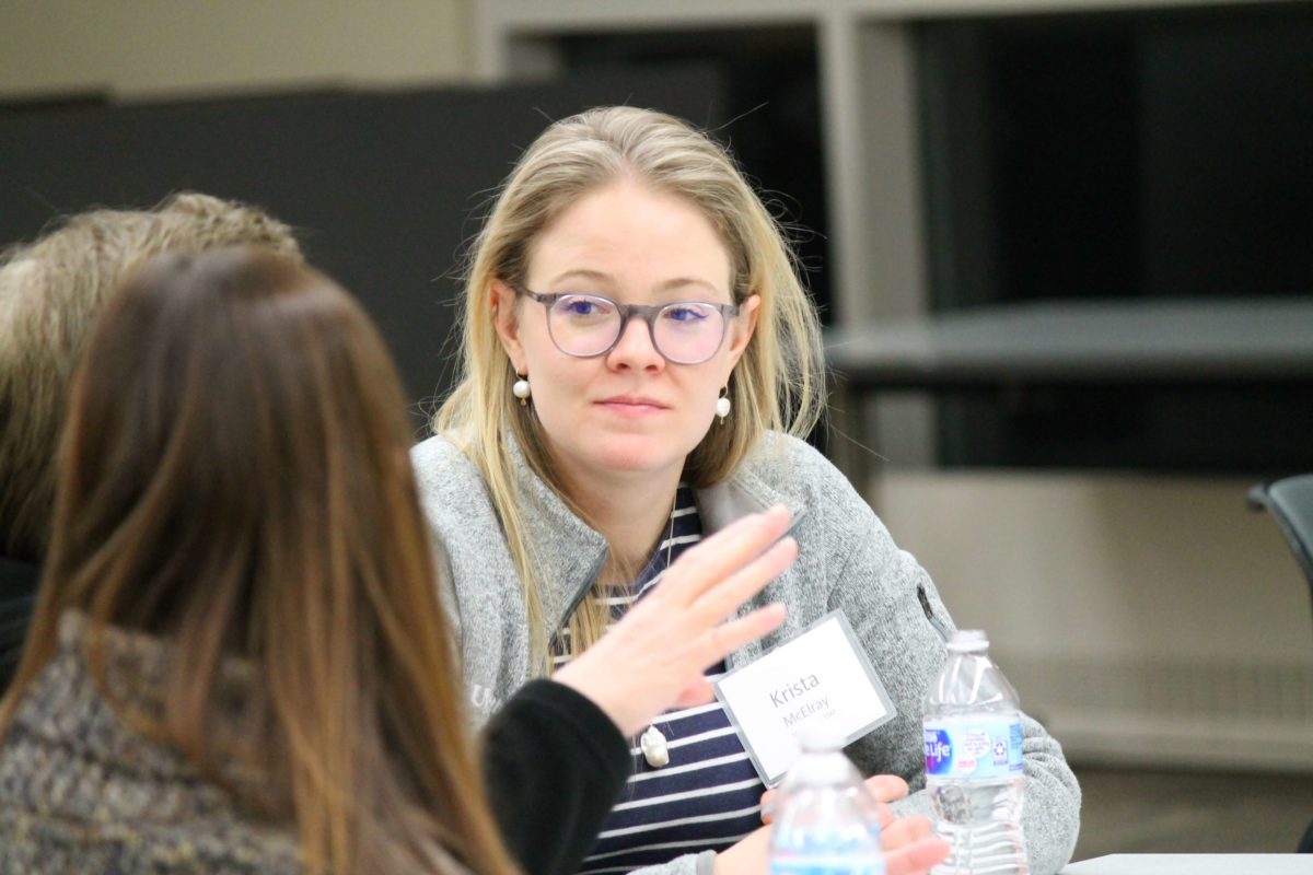 2020-Annual-Clinical-Instructors-Mtg-25 Krista McElray speaking with other health professionals during 2020 Annual Clinical Instructors Meeting