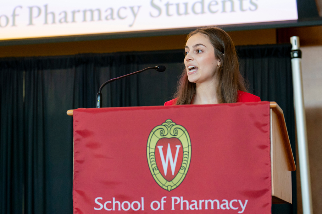 School of Pharmacy White Coat Ceremony Sunday, Sept. 17, 2003. Woman speaking at podium