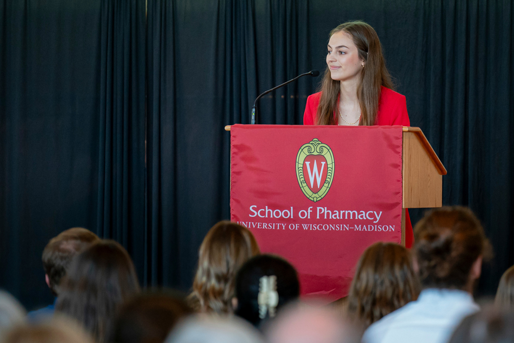 School of Pharmacy White Coat Ceremony Sunday, Sept. 17, 2003. Woman standing at podium
