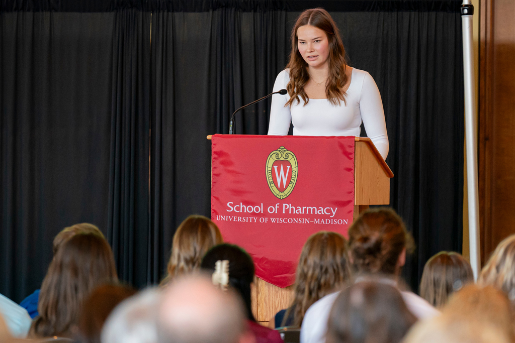 School of Pharmacy White Coat Ceremony Sunday, Sept. 17, 2003. Student speaking at podium