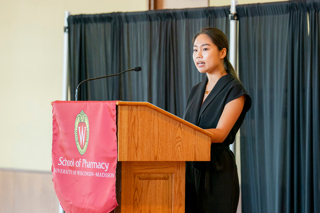 School of Pharmacy White Coat Ceremony Sunday, Sept. 17, 2003. Woman speaking at podium