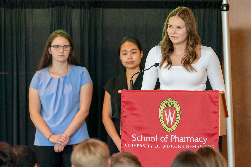 School of Pharmacy White Coat Ceremony Sunday, Sept. 17, 2003. Woman speaking at podium
