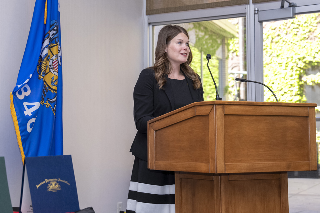 PharmD Graduation Awards Breakfast at the Pyle Center May 10, 2024. Andrea Porter speaks at the podium