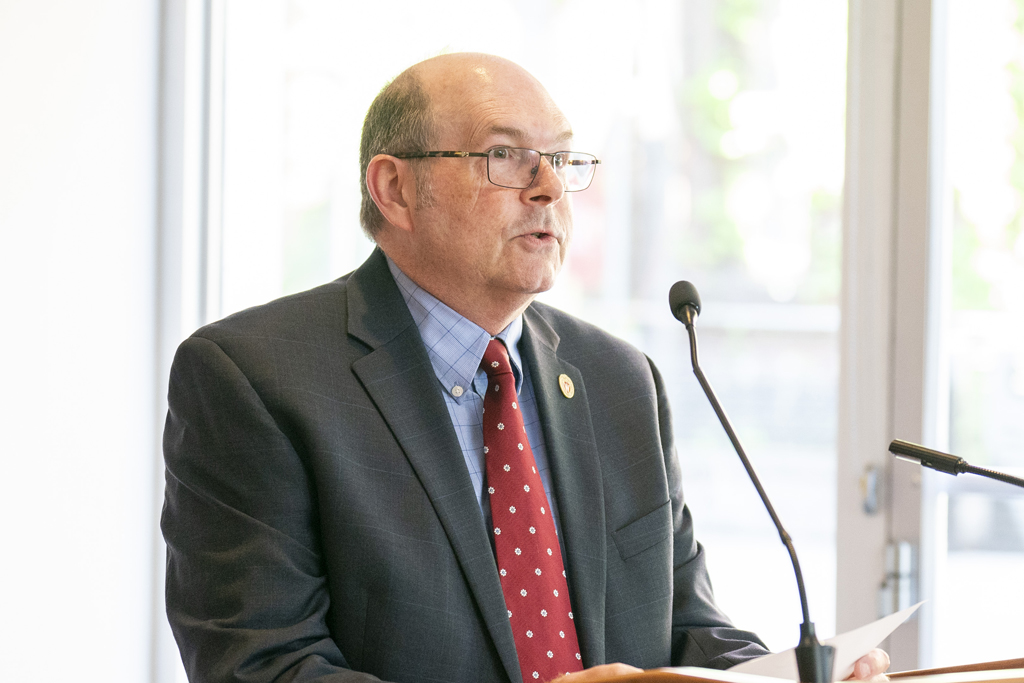 PharmD Graduation Awards Breakfast at the Pyle Center May 10, 2024. Ed Elder speaks at the podium
