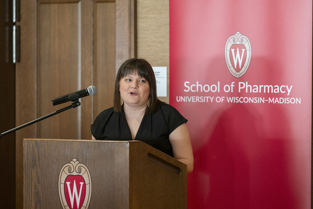 PharmTox Brunch at Carson Gulley May 11, 2024. (Photo © Andy Manis) Kendra Gurnee speaks at the podium