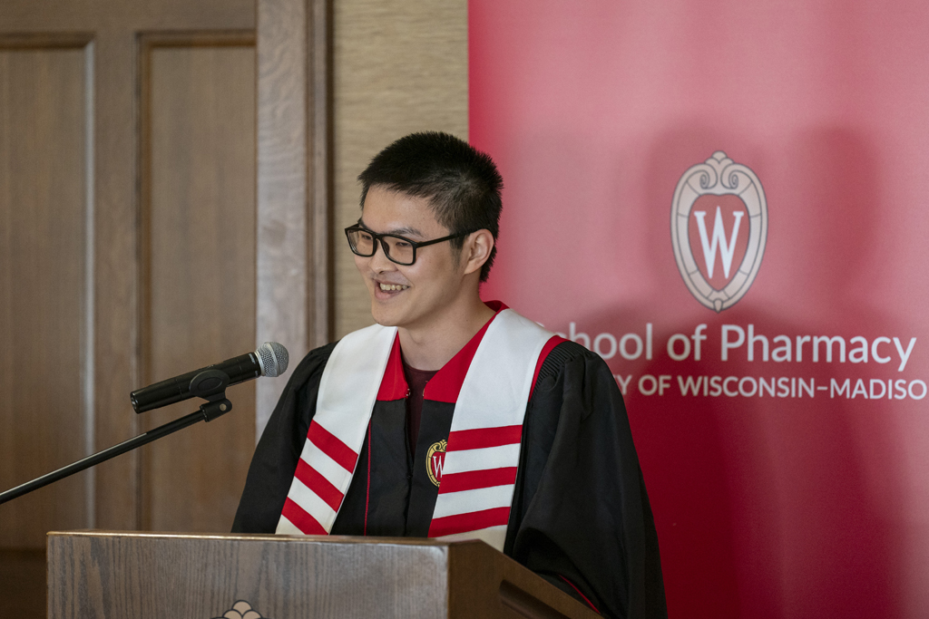 PharmTox Brunch at Carson Gulley May 11, 2024. (Photo © Andy Manis) Ethan Cui speaks at the podium