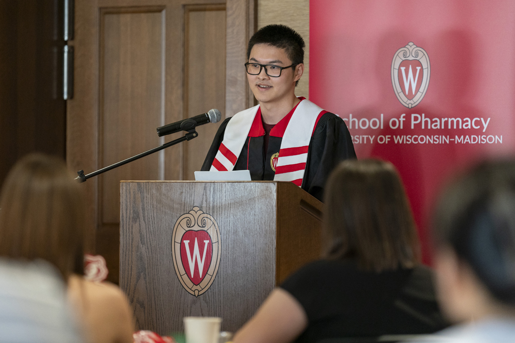 PharmTox Brunch at Carson Gulley May 11, 2024. (Photo © Andy Manis) Ethan Cui speaks at the podium