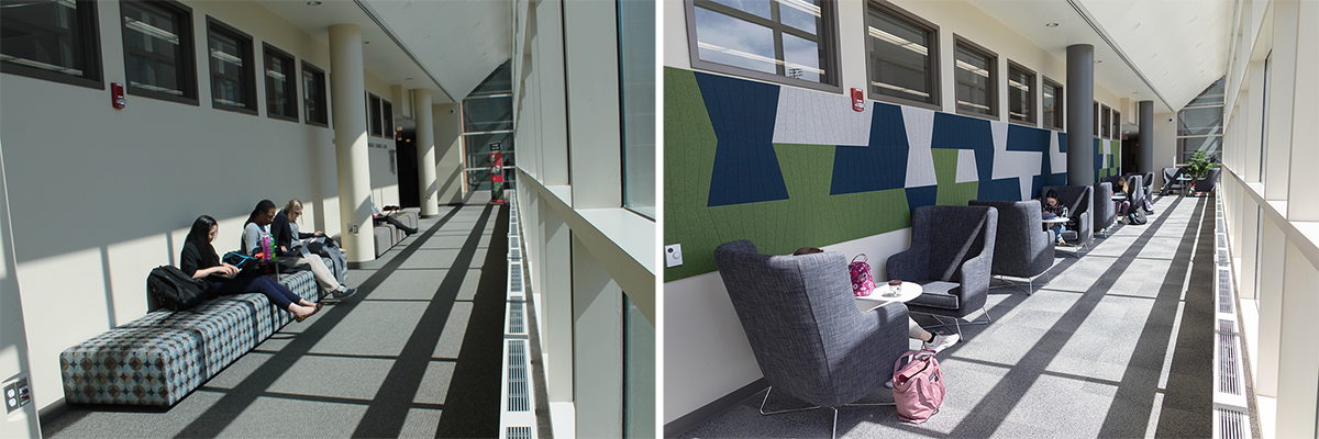 In the before photo, soft benches sit in a hallway. In the after photo, high-backed chairs and tables in a sunny hallway