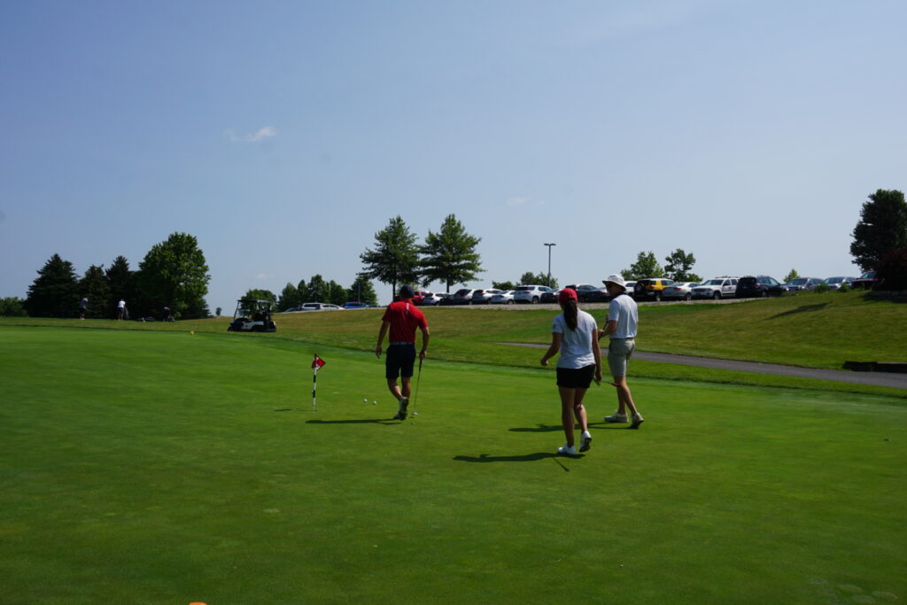 DSC07287 Alumni walking towards their balls on a golf course