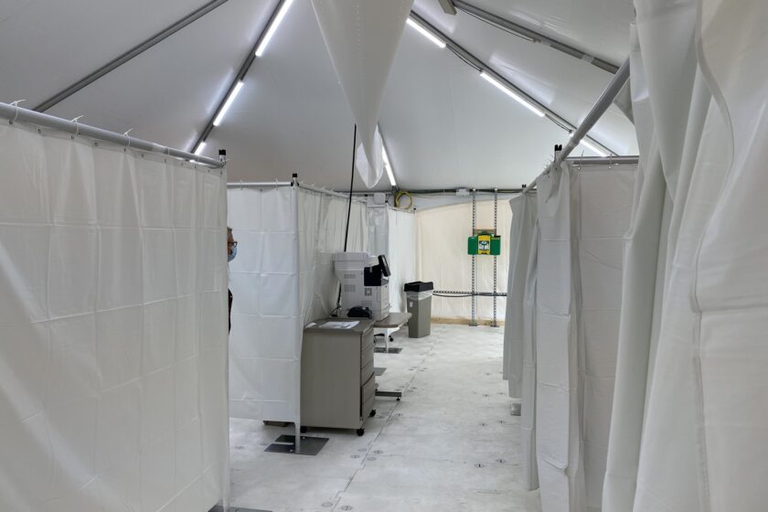 ED Expansion Tent Inside The inside of the emergency department's expansion tent.