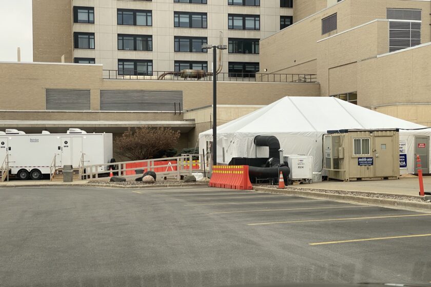 ED Expansion Tent Outside The outside of the emergency department's expansion tent.
