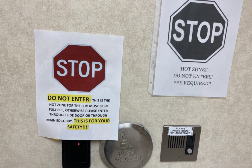 ED Hot Zone Stop Signage Signs marking the "hot zone" of the emergency department.
