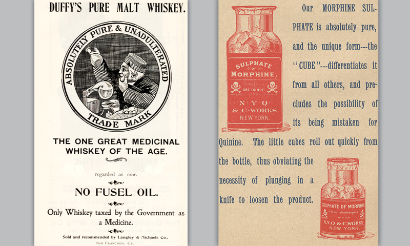 Era Blue Book Morphine - Langley Whiskey Vintage advertisement for Duffy's Pure Malt Whiskey, "The One Great Medicinal Whiskey of the Age" and a page about Morphine Sulphate
