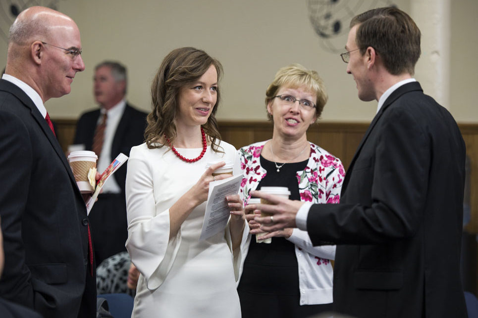 Graduation Awards Celebration_May 2018_PLN3125_1 Joel, Kayla, and Ann Huebner speak with Dave Hager