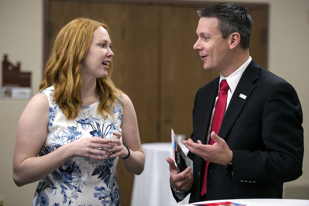 Graduation Awards Celebration_May 2018_PLN3201_1 Heather Stoner speaking with Nicholas Olson