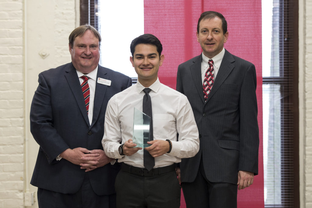 Graduation Awards Celebration_May 2018_PLN3467 Steve Swanson, Theodore Jennaro holding his award, and Eric Buxton