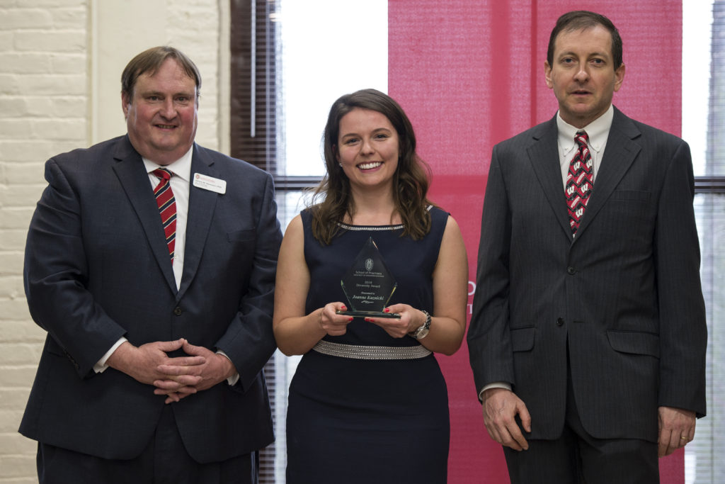Graduation Awards Celebration_May 2018_PLN3503 Steve Swanson, Joanne Kuznicki holding her award, and Eric Buxton