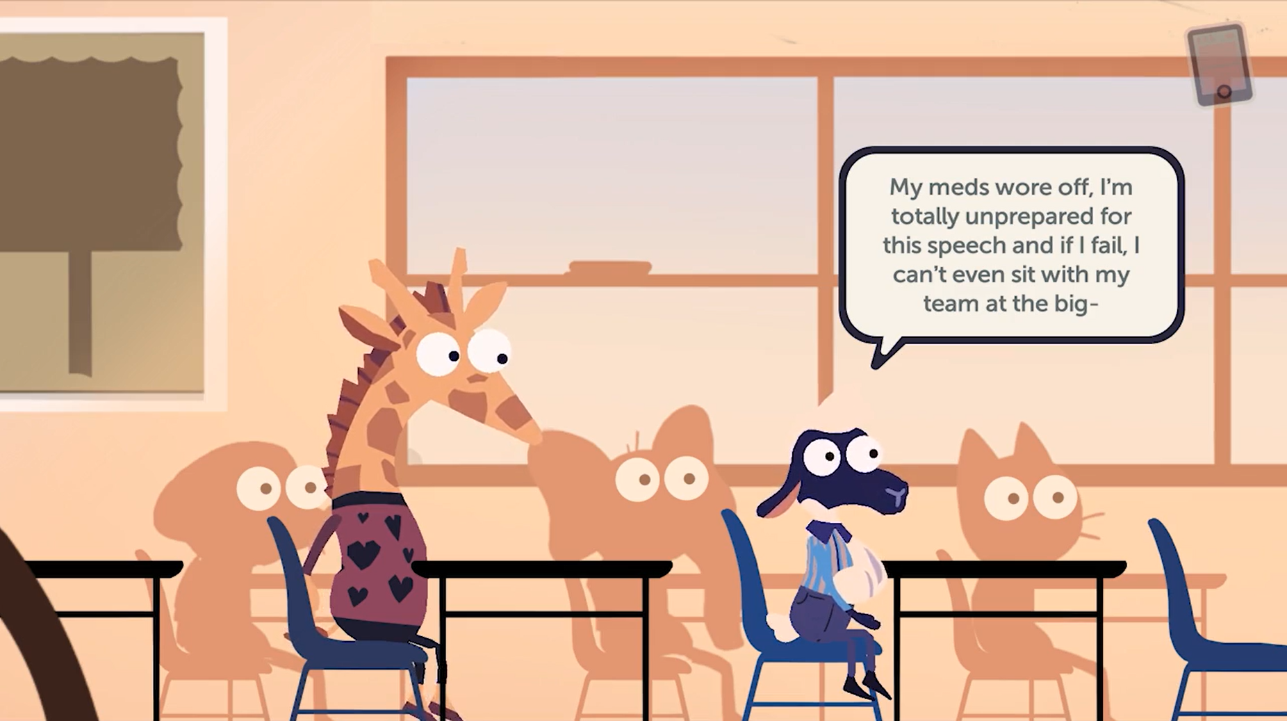 A cartoon of a sheep, elephant, and giraffe sitting at desks in a classroom. The sheep is thinking about how his medications wore off and how he's unprepared for his presentation.