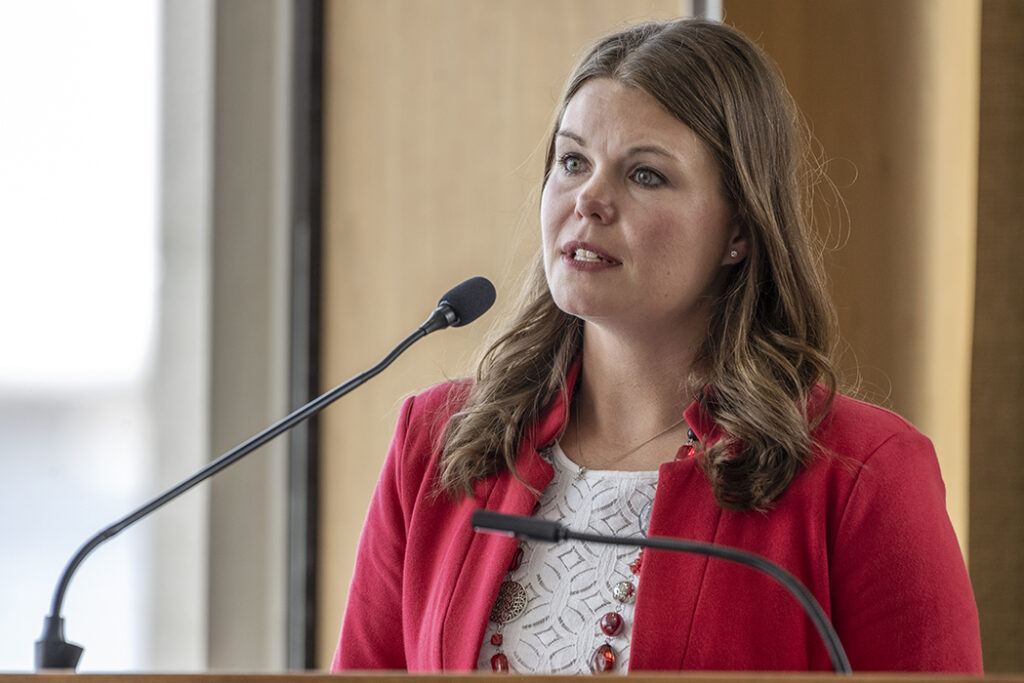 PharmD Student Scholarship Brunch_042021_BGI_6364 Professor Andrea Porter addresses the audience during the School of Pharmacy Scholarship Brunch at the Pyle Center in the Alumni Lounge on Sunday, April 10, 2022.