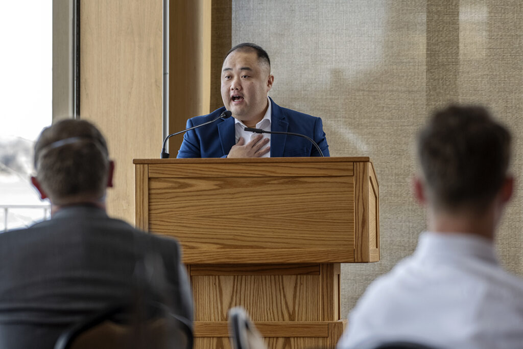 PharmD Student Scholarship Brunch_042021_BGI_6388 Student speaker Mark Moua talks about his time as a PharmD student as he addresses the audience during the School of Pharmacy Scholarship Brunch at the Pyle Center in the Alumni Lounge on Sunday, April 10, 2022.