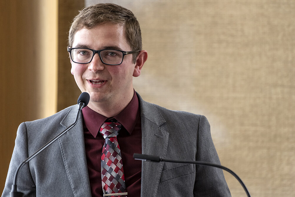 PharmD Student Scholarship Brunch_042021_BGI_6560 PAA speaker Alumni Michael Nagy talks about his time at UW-Madison School of Pharmacy and his career as a pharmacy while addressing the audience during the School of Pharmacy Scholarship Brunch at the Pyle Center in the Alumni Lounge on Sunday, April 10, 2022