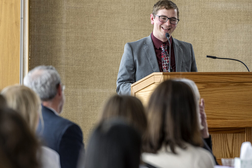 PharmD Student Scholarship Brunch_042021_BGI_6580 PAA speaker Alumni Michael Nagy talks about his time at UW-Madison School of Pharmacy and his career as a pharmacy while addressing the audience during the School of Pharmacy Scholarship Brunch at the Pyle Center in the Alumni Lounge on Sunday, April 10, 2022