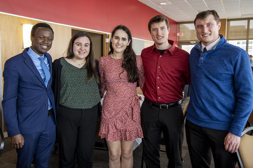 PharmD Student Scholarship Brunch_042021_BGI_6673 PharmD students grab a photo op after the Scholarship Brunch at the Pyle Center on April 10, 2022. Pictured L to R: Vincent Elijah, Maddy Szubert, Caroline Paley, McKay Carstens, and Kane Carstens.