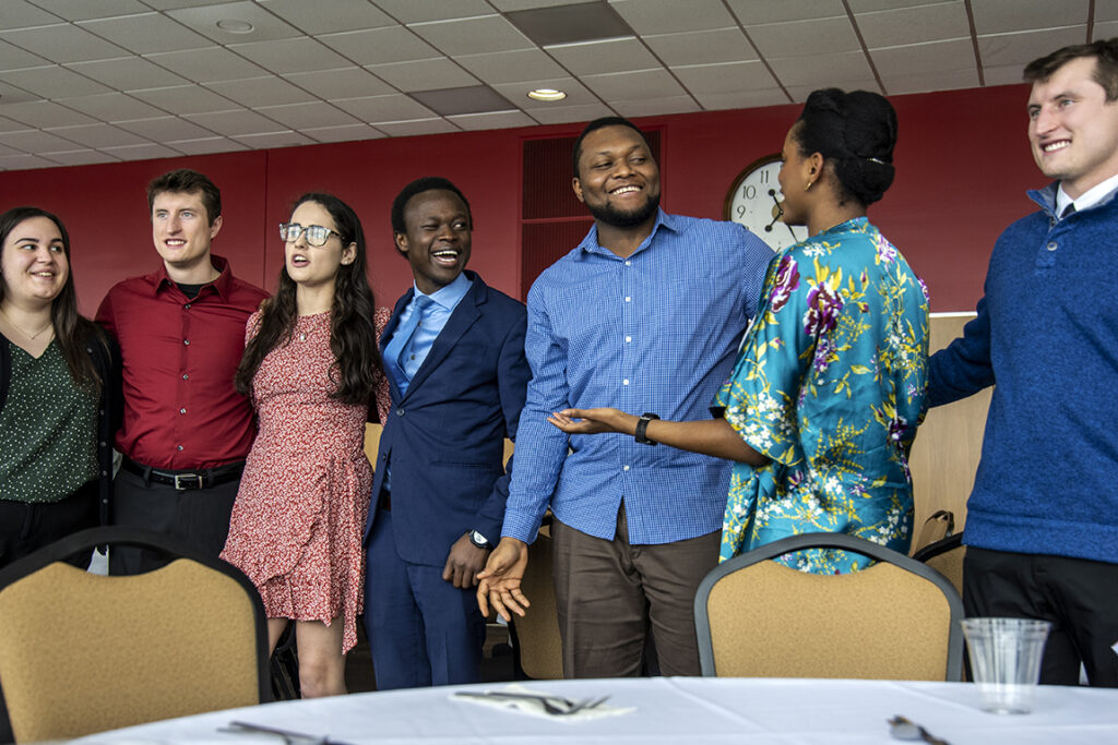PharmD Student Scholarship Brunch_042021_BGI_6771 PharmD students grab a photo op after the School of Pharmacy Scholarship Brunch on April 10, 2022. L to R: Maddy Szubert, McKay Carstens, Caroline Paley, Vincent Elijah, Michael Nome, Maria Hill, and Kane Carstens.