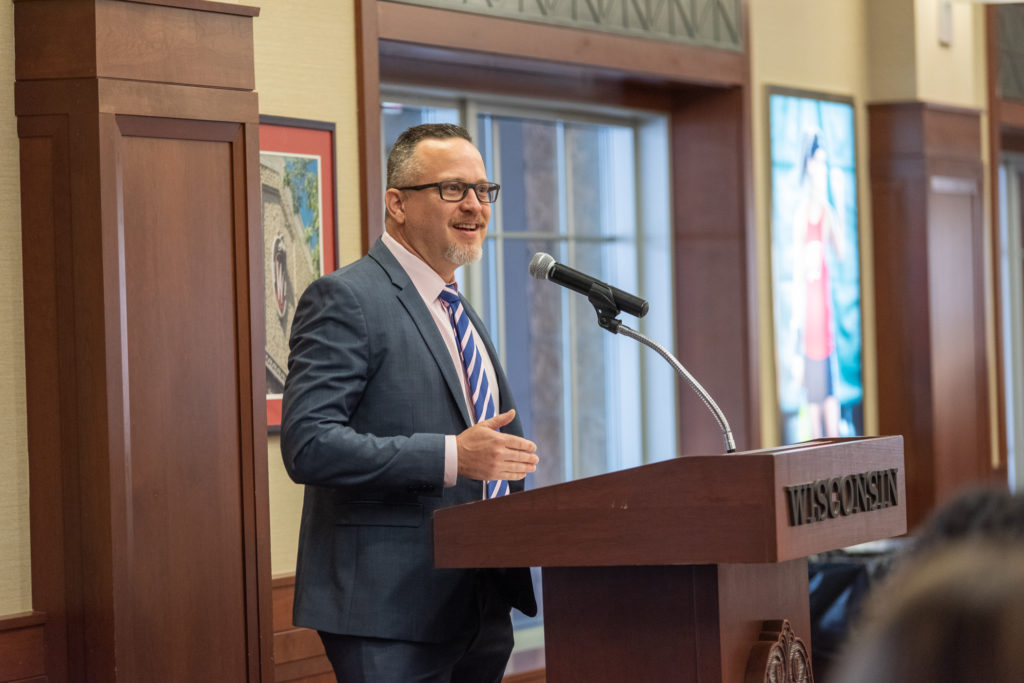 PharmToxCommence-05112019-094 Gavin Arteel gives his speech as the winner of 2019 PharmTox Alumus of the Year.