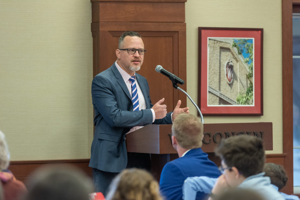 PharmToxCommence-05112019-103 Gavin Arteel gives his speech as the winner of 2019 PharmTox Alumus of the Year.