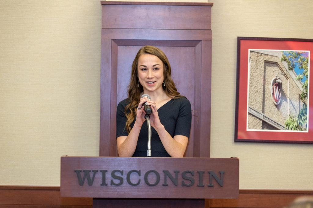 PharmToxCommence-05112019-104 Ramsey Benkert, student speaker, delivers her speech as the representative for Class of 2019.
