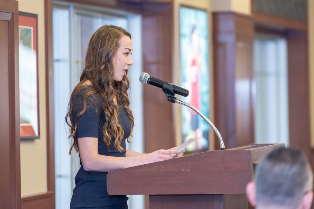PharmToxCommence-05112019-121 Ramsey Benkert, student speaker, delivers her speech as the representative for Class of 2019.