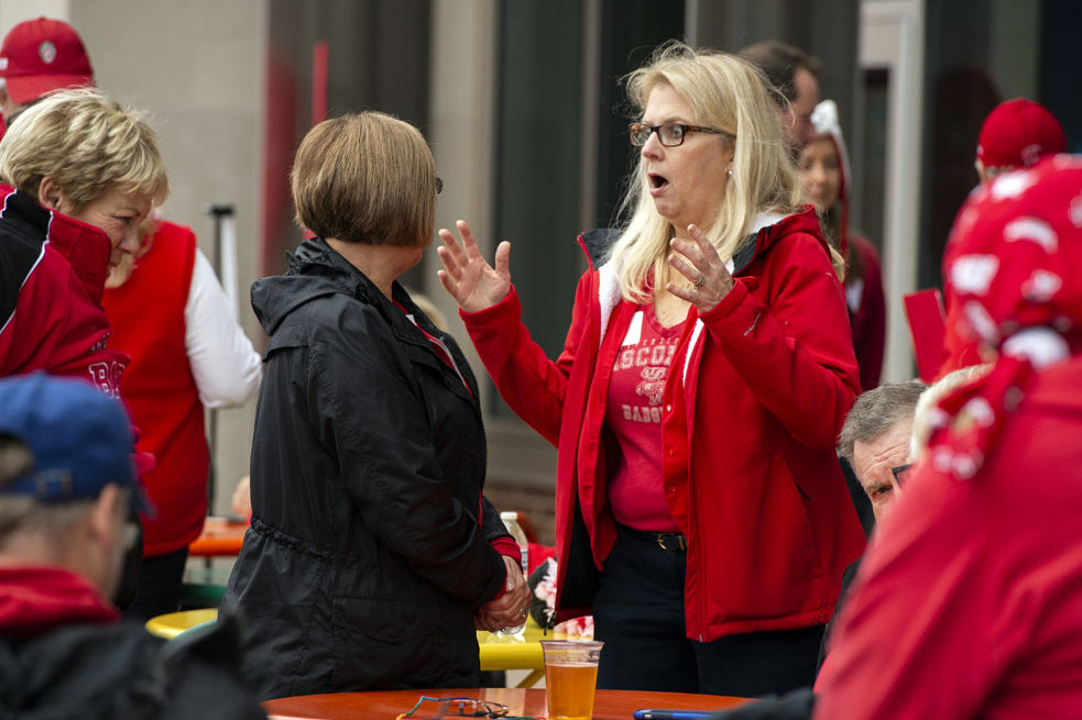 PharmacyAlumniTailgateEvent_1018_DSC_6342 Alumni catching up at the UW-Madison Pharmacy Alumni Tailgate event, held at Union South during the Badgers vs. Cornhuskers game.