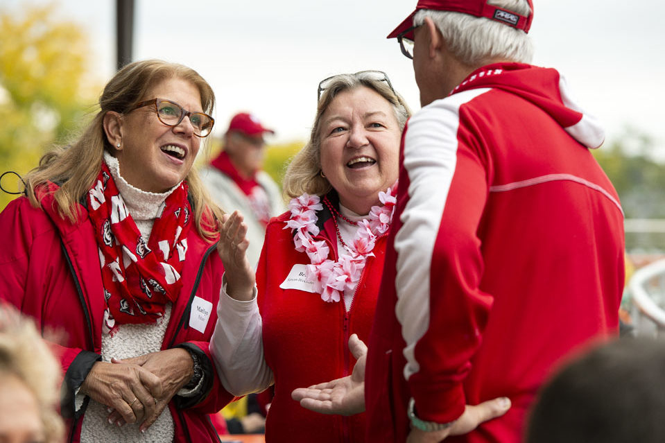 PharmacyAlumniTailgateEvent_1018_DSC_6368 Alumni catching up at the UW-Madison Pharmacy Alumni Tailgate event, held at Union South during the Badgers vs. Cornhuskers game.