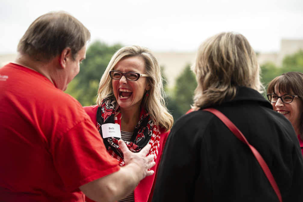 PharmacyAlumniTailgateEvent_1018_DSC_6646 Alumni catching up at the UW-Madison Pharmacy Alumni Tailgate event, held at Union South during the Badgers vs. Cornhuskers game.