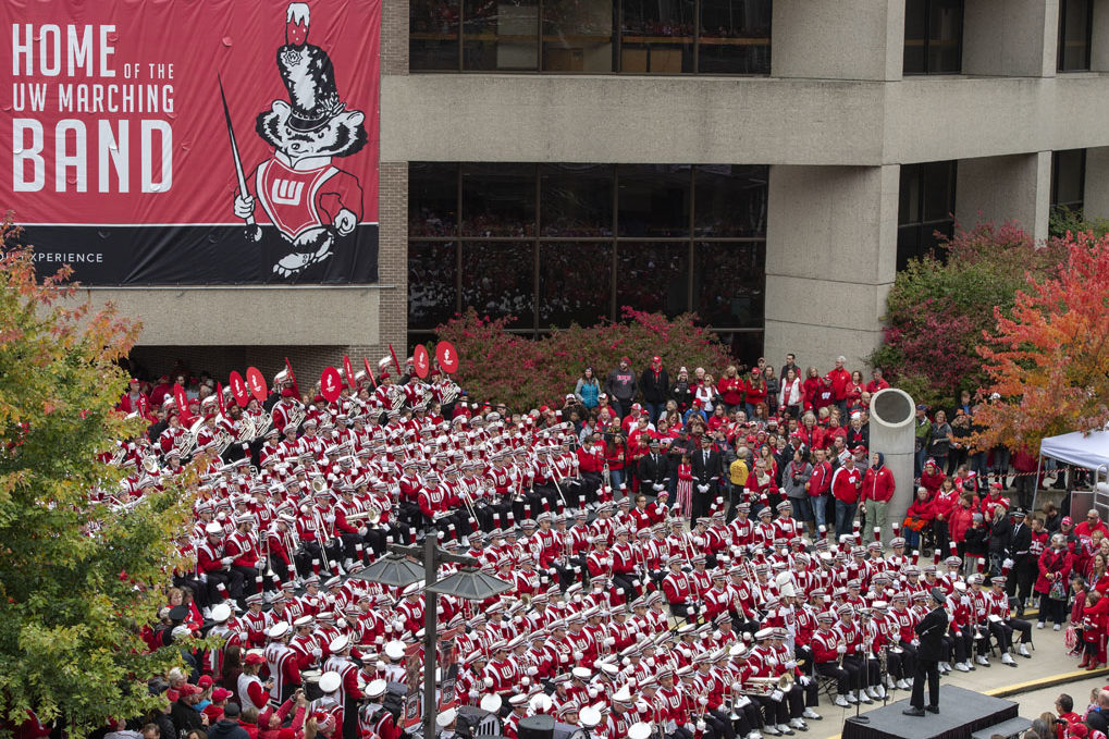 PharmacyAlumniTailgateEvent_1018_DSC_7294 The Badger Band performs at the Badger Bash during the UW-Madison Pharmacy Alumni Tailgate event, held at Union South during the Badgers vs. Cornhuskers game.
