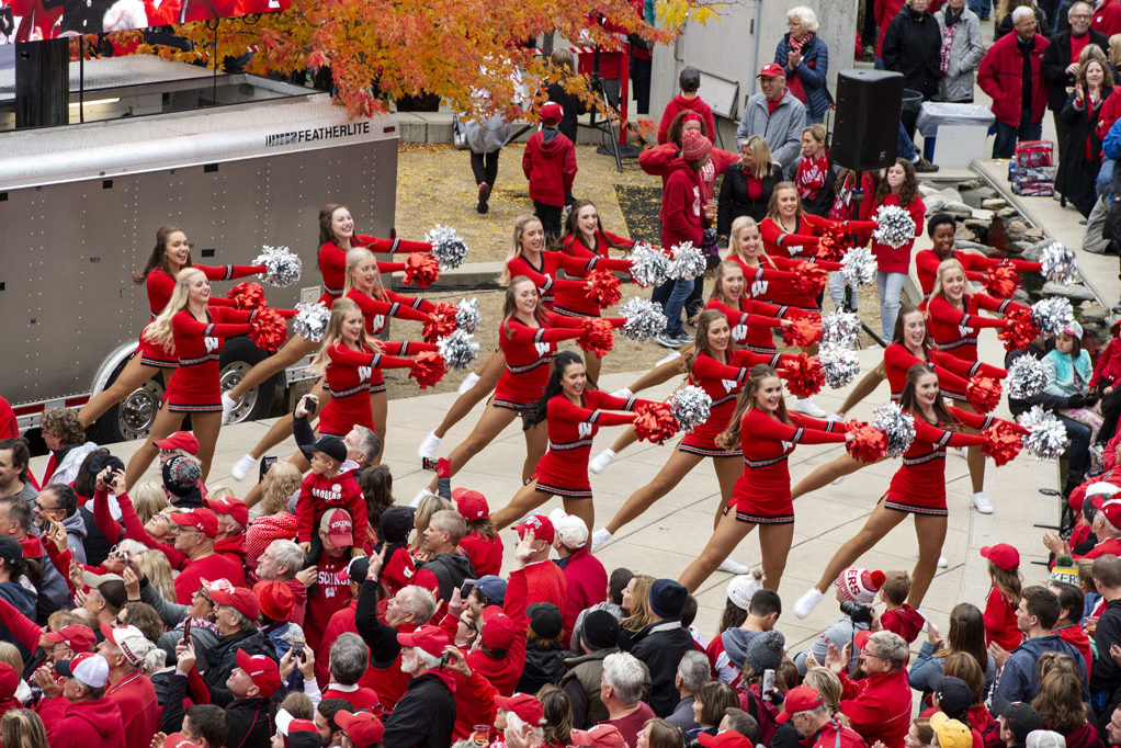 PharmacyAlumniTailgateEvent_1018_DSC_7332 Cheerleaders perform at the Badger Bash during the UW-Madison Pharmacy Alumni Tailgate event, held at Union South during the Badgers vs. Cornhuskers game.