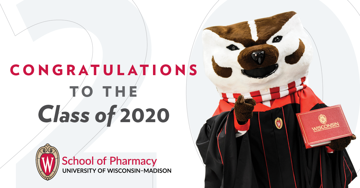 Bucky Badger dressed in cap and gown stands next to text: "Congratulations to the Class of 2020"