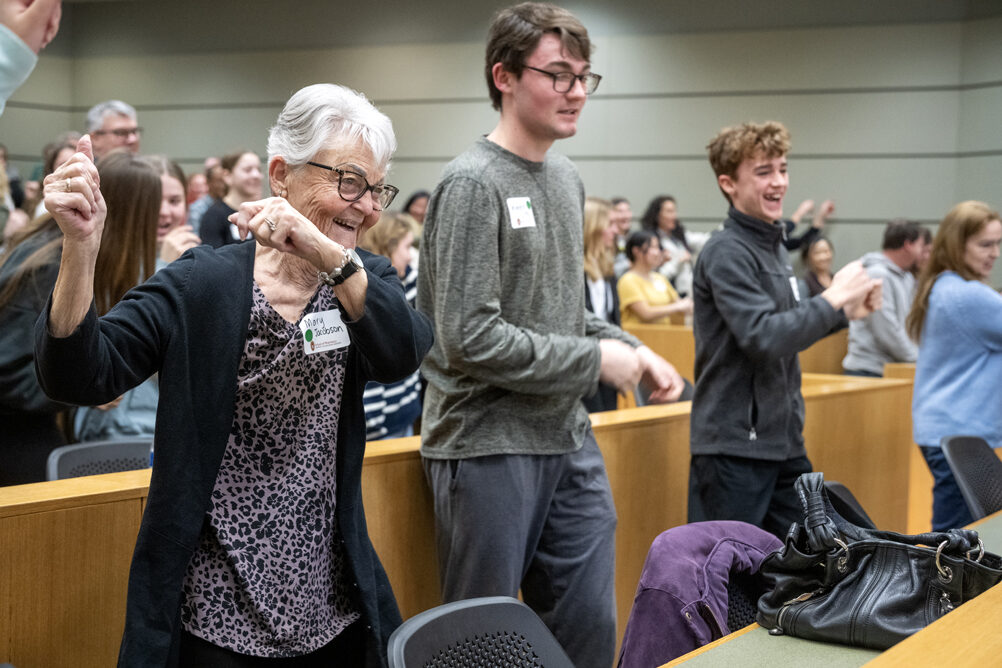 The Wonders of Pharmacy_032024_PLNZ72_6830 Mary Jacobson moves to the beat alongside her grandson Keaton Littel during the CRoMe Lab Station - Dance is Medicine activity at the Wonders of Pharmacy on Saturday, March 2, 2024, at the School of Pharmacy on the campus of UW-Madison. (Photo Paul L. Newby, II).