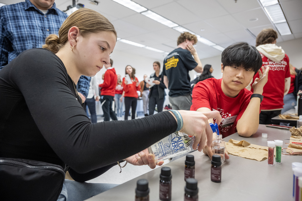 The Wonders of Pharmacy_032024_PLNZ72_7633 Ava Kopp prepares to create her scented hand sanitizer while trying out the Compounding Crazies activity during the Wonders of Pharmacy on Saturday, March 2, 2024, at the School of Pharmacy on the campus of UW-Madison. (Photo Paul L. Newby, II)
