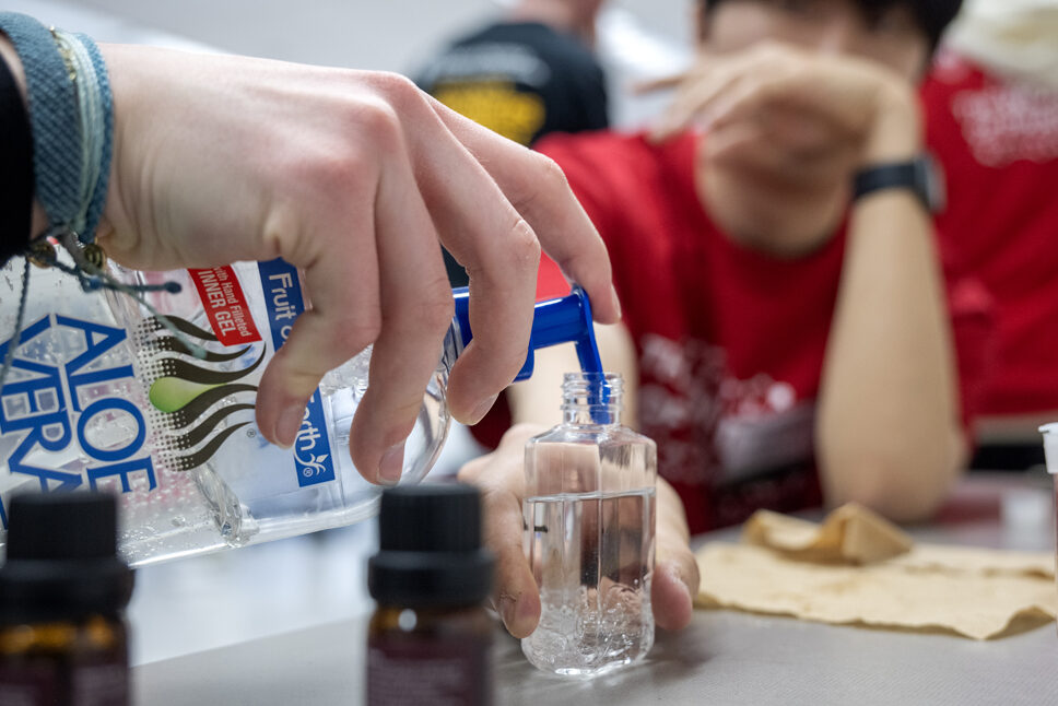 The Wonders of Pharmacy_032024_PLNZ72_7640 Ava Kopp prepares to create her scented hand sanitizer while trying out the Compounding Crazies activity during the Wonders of Pharmacy on Saturday, March 2, 2024, at the School of Pharmacy on the campus of UW-Madison. (Photo Paul L. Newby, II)