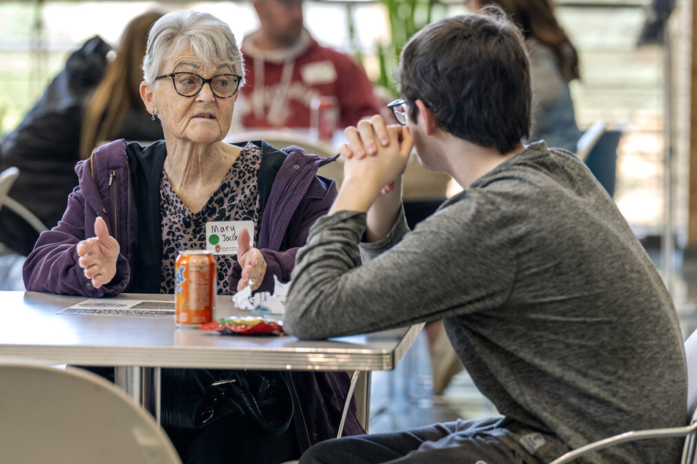The Wonders of Pharmacy_032024_PLNZ9_5452 Keaton Littel chats with his grandmother, Mary Jacobson, during lunch before the Wonders of Pharmacy on Saturday, March 2, 2024, at the School of Pharmacy on the campus of UW-Madison. (Photo Paul L. Newby, II)