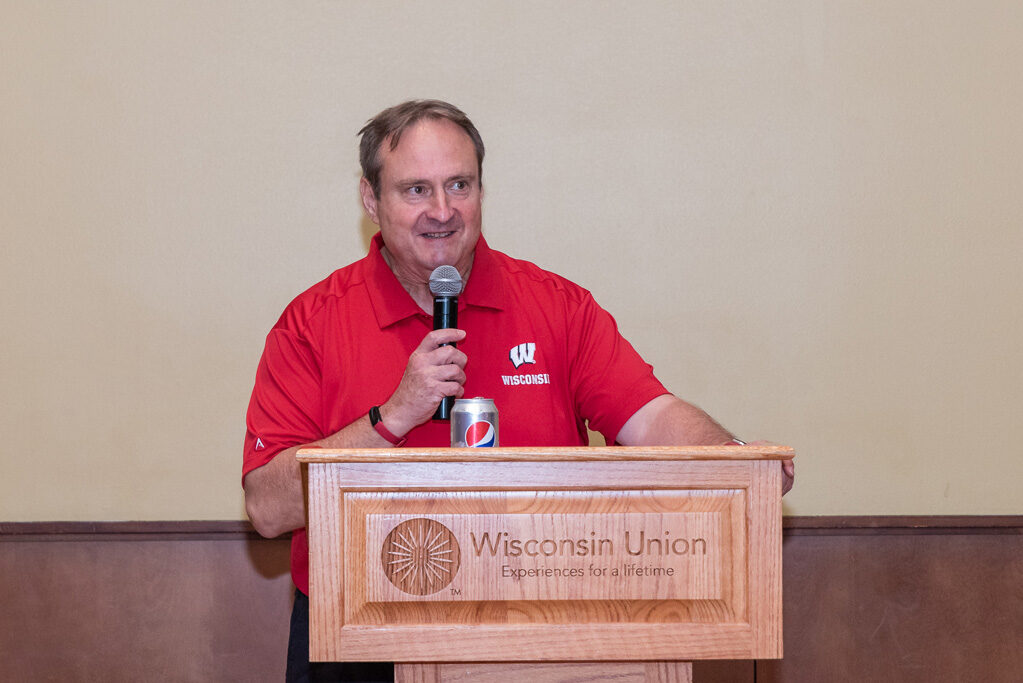 UWPharm-Tailgate_09172022_057 School of Pharmacy Dean Steve Swanson speaks at the podium.