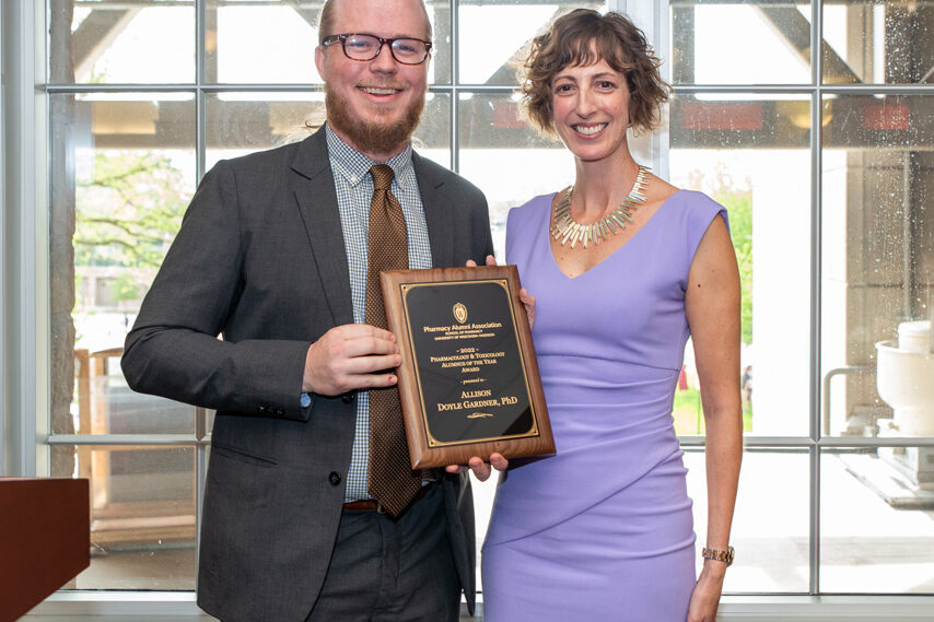 UWPhrmToxAw_2022_076 Allison Gardner with her PharmTox Alum of the Year with another faculty member